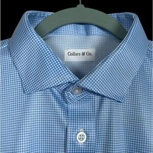 Collars & Co Polo Shirt Mens Medium Blue Houndstooth Dress Collar Office NEW